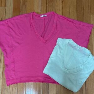 Two V-Neck Cropped Cotton Tees - Hot Pink & Mint